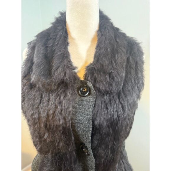 Vintage Dana Stein Real Rabbit Fur Trim Gray Wool Vest Sz M Drawstring Back - Picture 2 of 9
